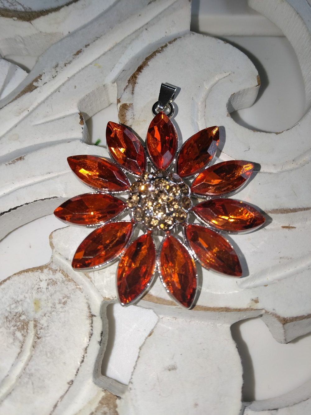Orange Crystal Flower Pendant Necklace